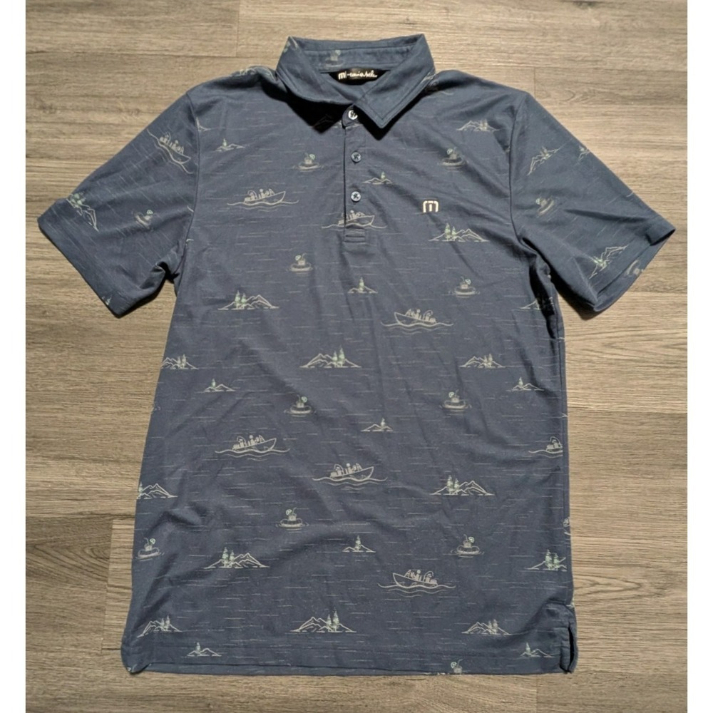 Travis Mathew Men's Blue Boat Fishing Print Pima Cotton Blend Polo Size Medium